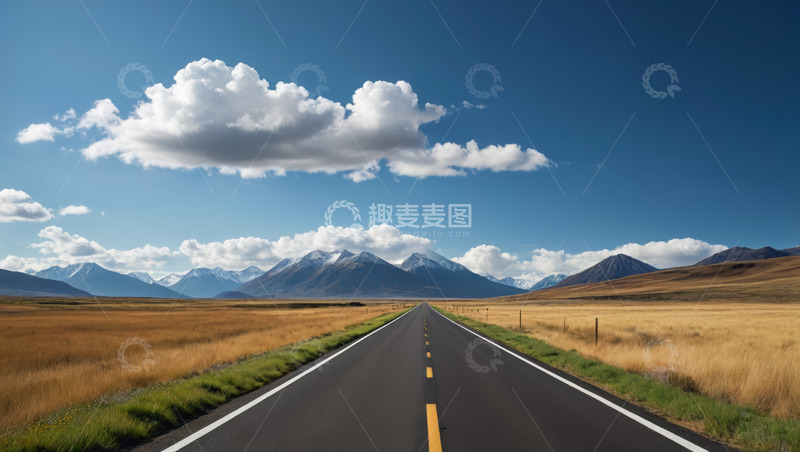 高清大图下载【趣麦麦图】旷野公路与远处雪山景观