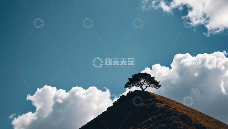 高清大图下载【趣麦麦图】山顶孤树与蓝天白云景观