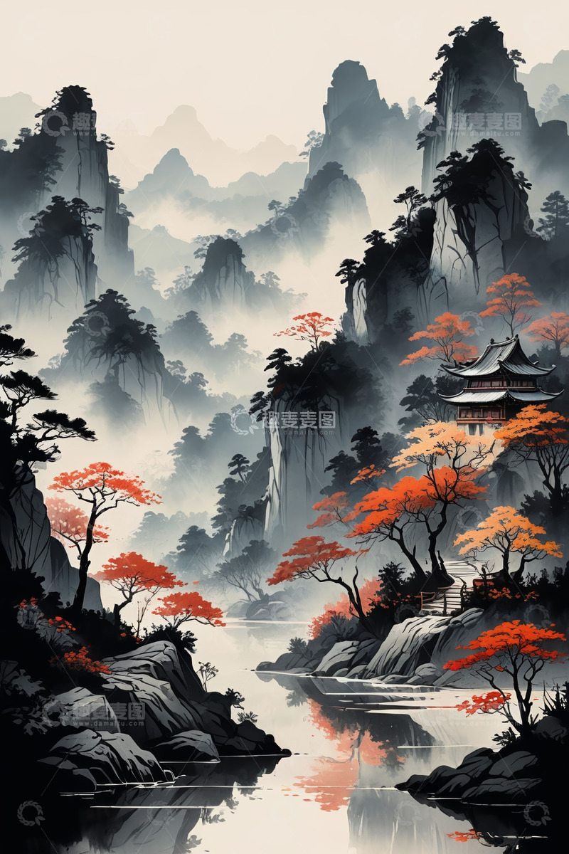 高清大图下载【趣麦麦图】中式山水古建筑风景