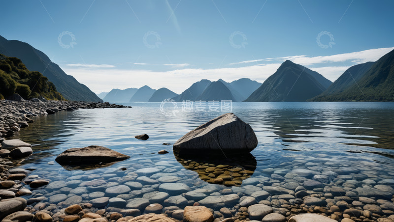 高清大图下载【趣麦麦图】山水间清澈湖水与岸边岩石
