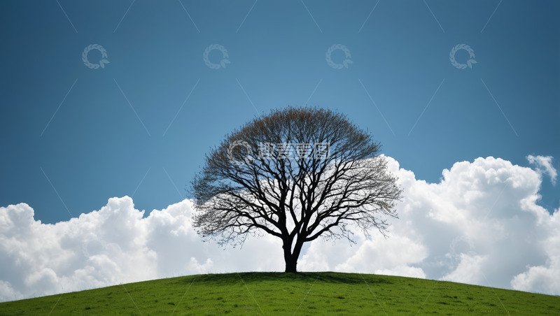 高清大图下载【趣麦麦图】草地上孤树与蓝天白云景象