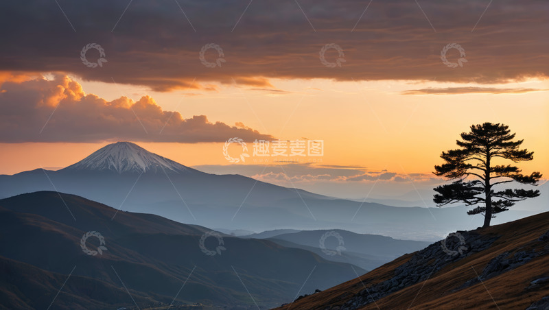 高清大图下载【趣麦麦图】富士山自然风光与孤树景观