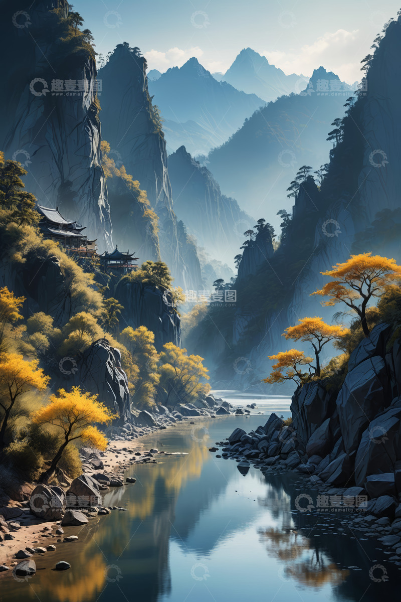 高清大图下载【趣麦麦图】山水间中式古建筑风景