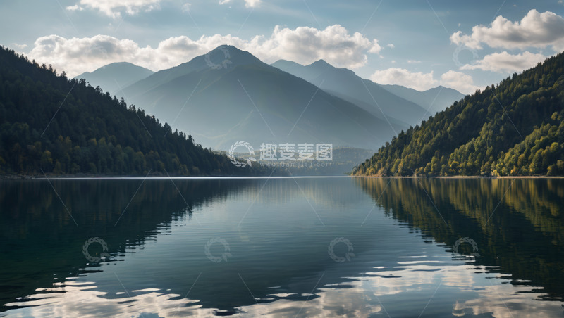 高清大图下载【趣麦麦图】山林间平静的湖水景观