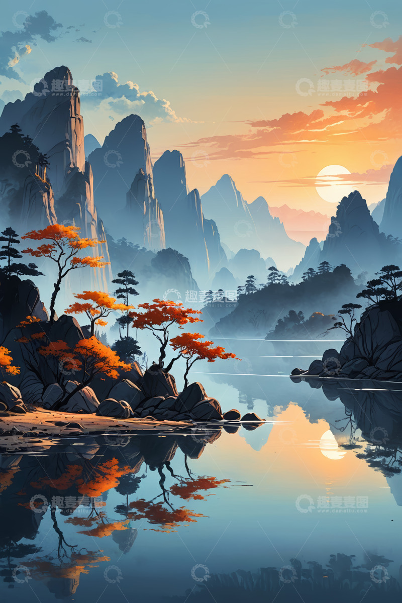 高清大图下载【趣麦麦图】山水夕阳风景