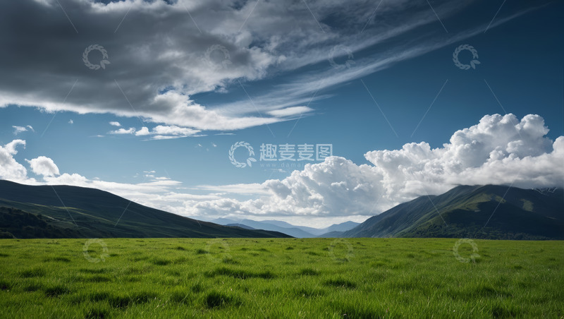高清大图下载【趣麦麦图】广袤草原与远山蓝天白云景观
