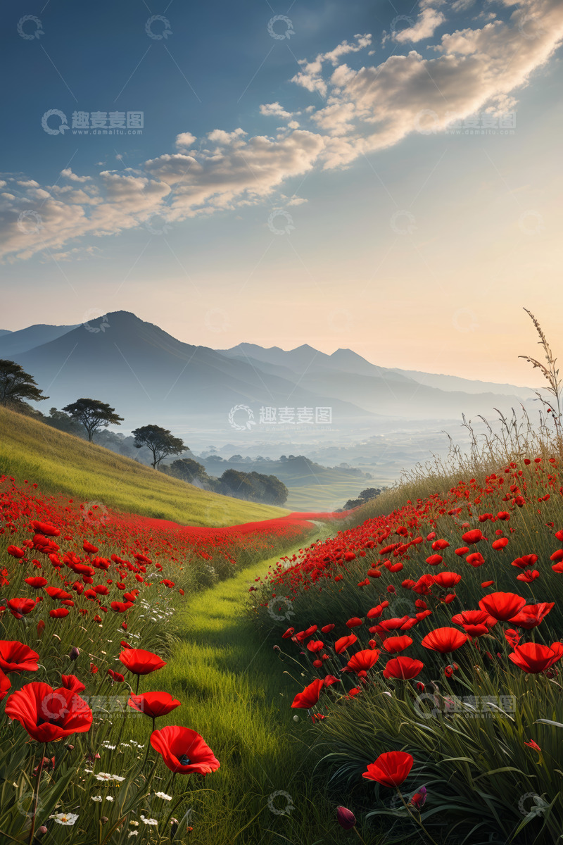 高清大图下载【趣麦麦图】山间盛开的红色花海