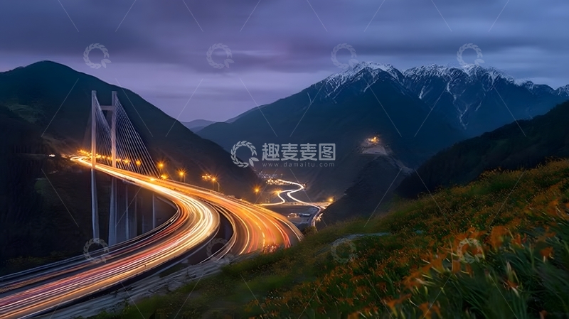 高清大图下载【趣麦麦图】夜晚高架桥车流摄影