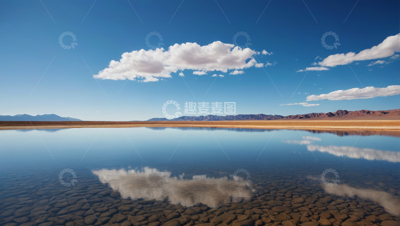 高清大图下载【趣麦麦图】蓝天白云下的平静水面与远山