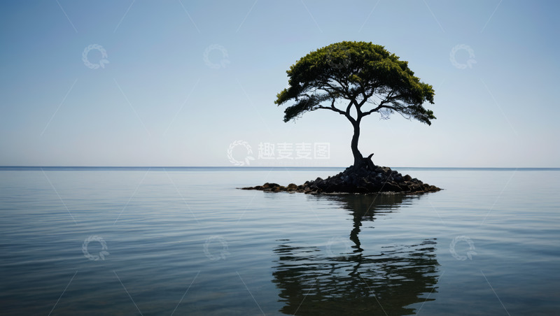 高清大图下载【趣麦麦图】湖心孤树风景