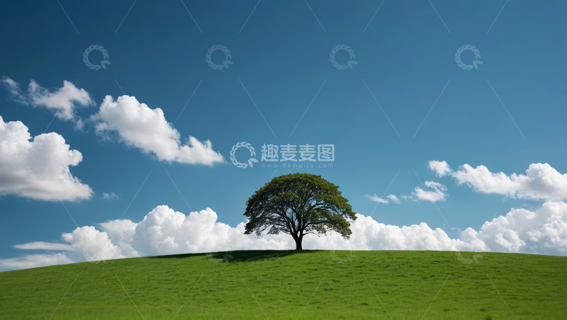 高清大图下载【趣麦麦图】绿草地上孤树立于蓝天白云下