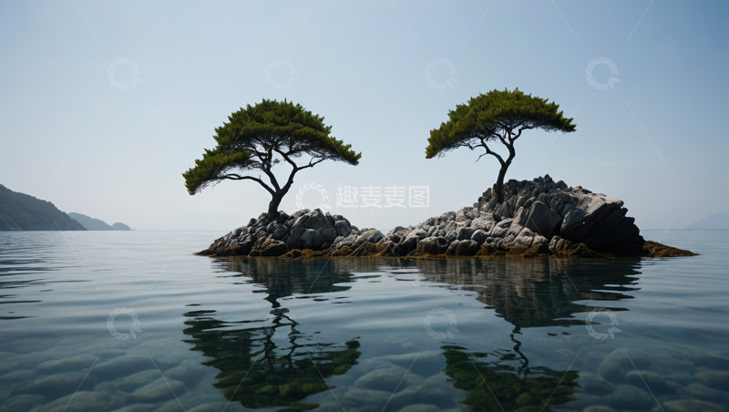 高清大图下载【趣麦麦图】湖心双树与岩石景观