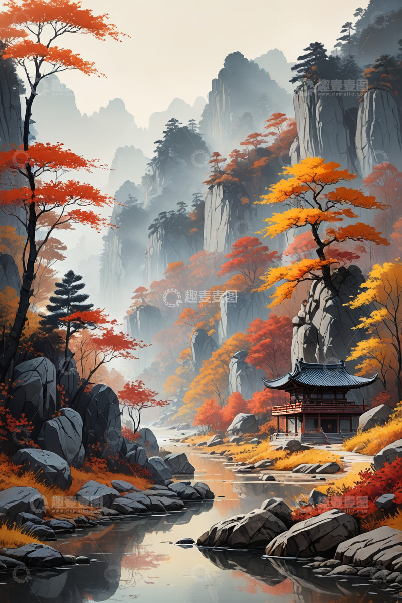 高清大图下载【趣麦麦图】秋季古风山水间的亭台景色