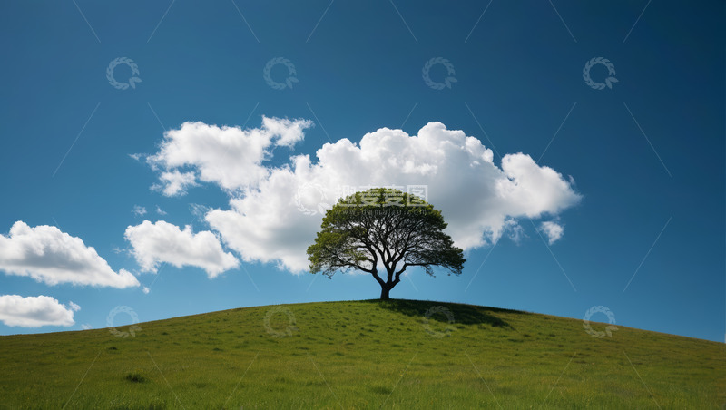 高清大图下载【趣麦麦图】绿坡上的孤树与蓝天白云