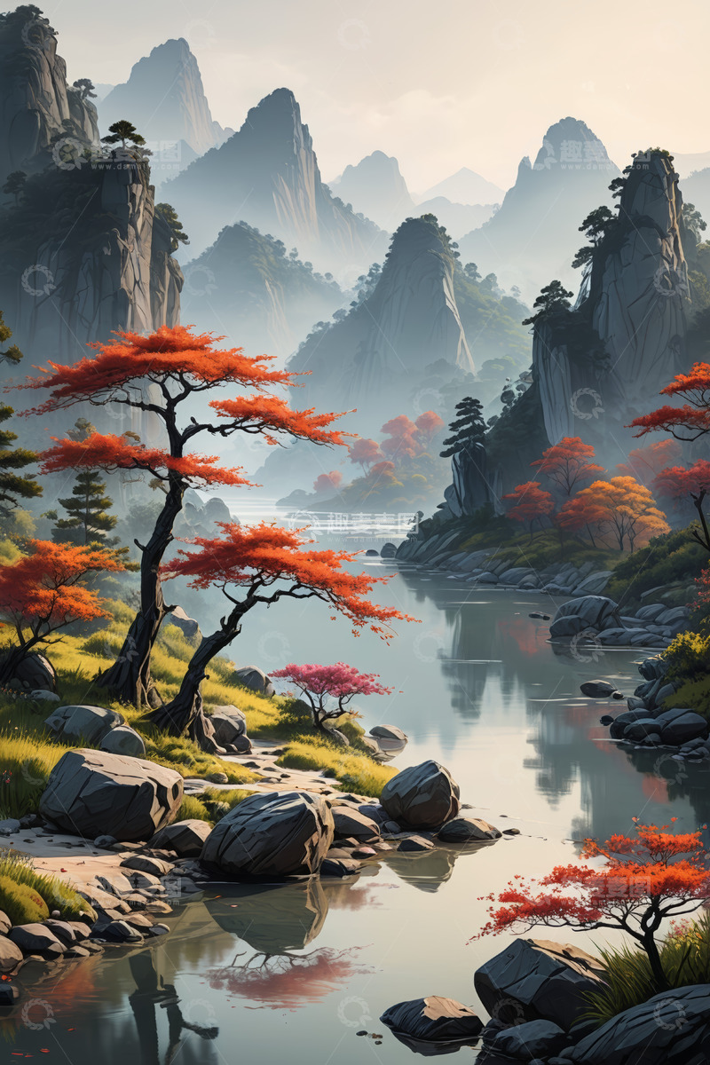 高清大图下载【趣麦麦图】山水间红叶点缀的自然风光