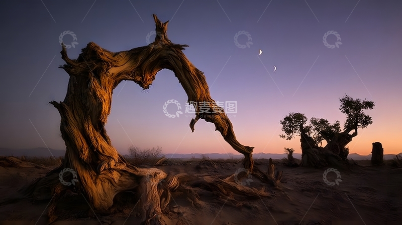 高清大图下载【趣麦麦图】枯木沙漠黄昏风景摄影图片