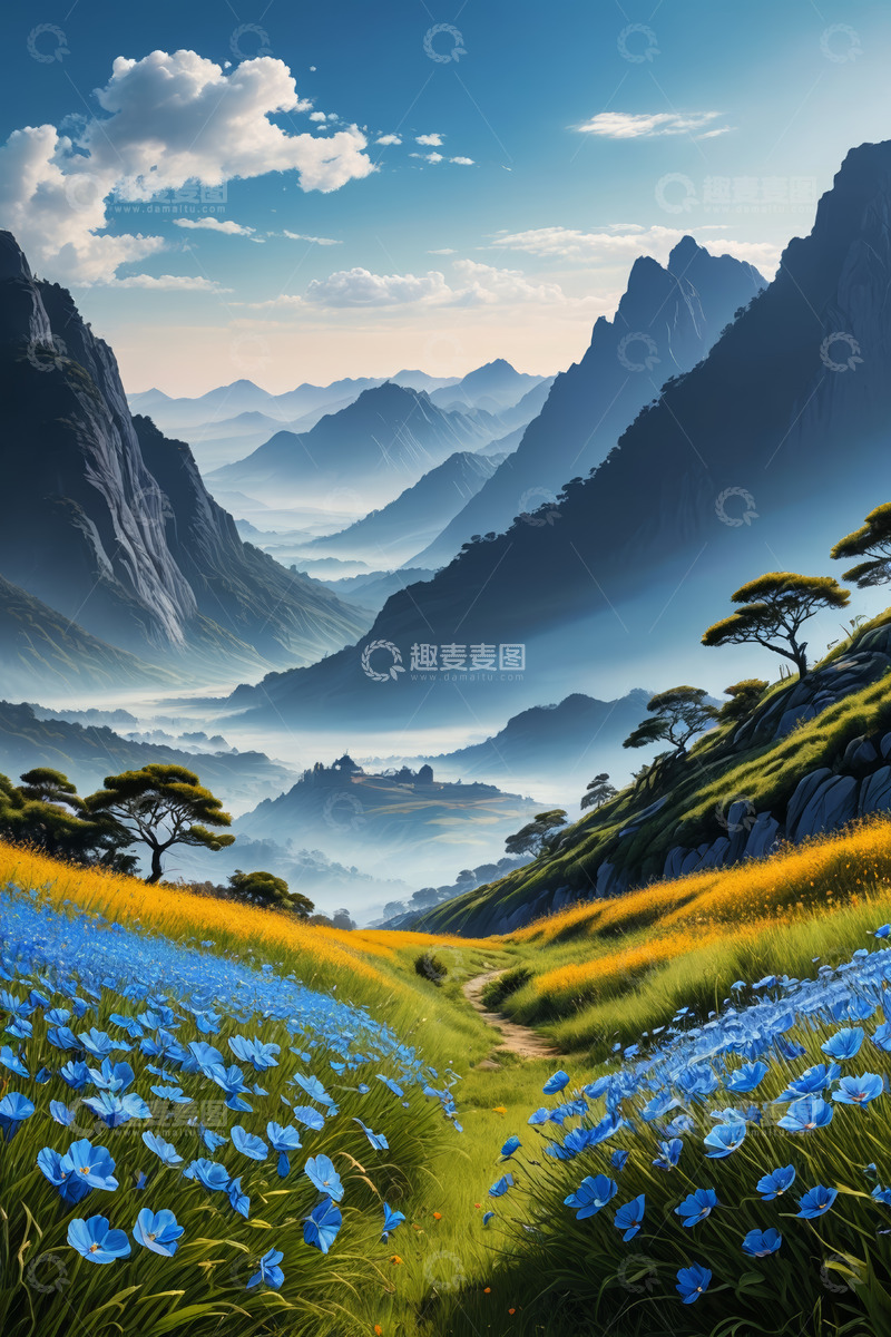 高清大图下载【趣麦麦图】山间花海与连绵山脉景观