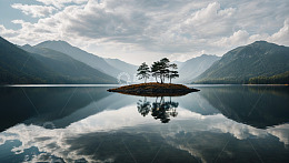 湖心小岛与远处山峦风景