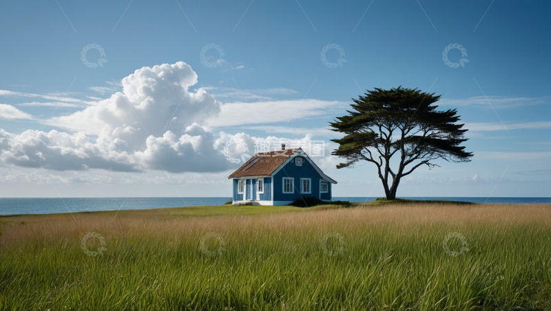 高清大图下载【趣麦麦图】海边蓝屋与孤树风景