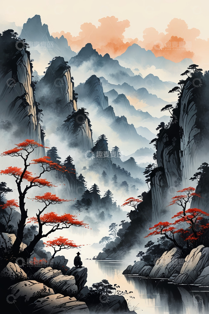 高清大图下载【趣麦麦图】中式山水意境独坐赏景画面