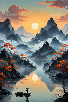 中式山水意境夕阳垂钓场景