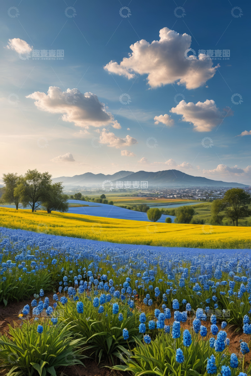 高清大图下载【趣麦麦图】田园蓝黄相间花田与远山风景