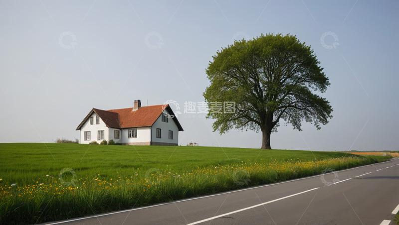 高清大图下载【趣麦麦图】乡村公路旁的独栋房屋与大树