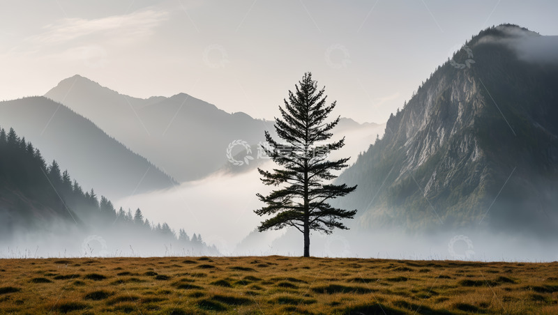 高清大图下载【趣麦麦图】山间草地单棵松树自然风光