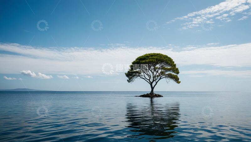 高清大图下载【趣麦麦图】海面上孤树与蓝天景象