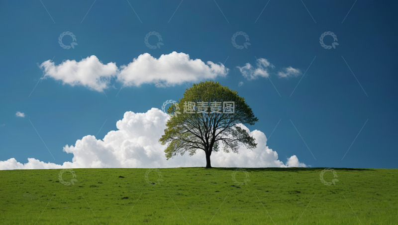 高清大图下载【趣麦麦图】草原上一棵大树与蓝天白云