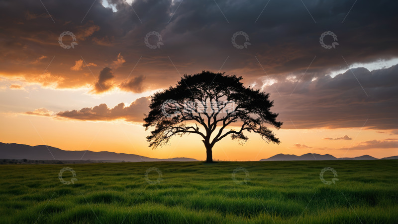 高清大图下载【趣麦麦图】草原上的孤树与日落景观