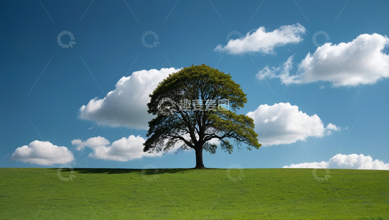 高清大图下载【趣麦麦图】草原上的孤树与蓝天白云