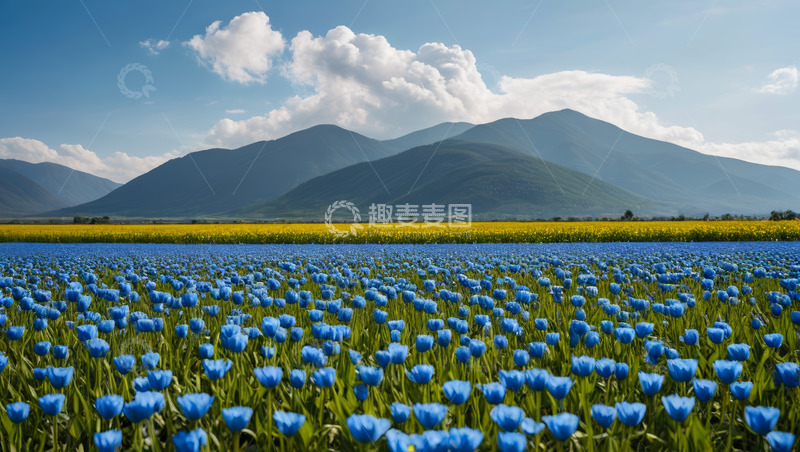 高清大图下载【趣麦麦图】蓝花田与远山蓝天白云风景