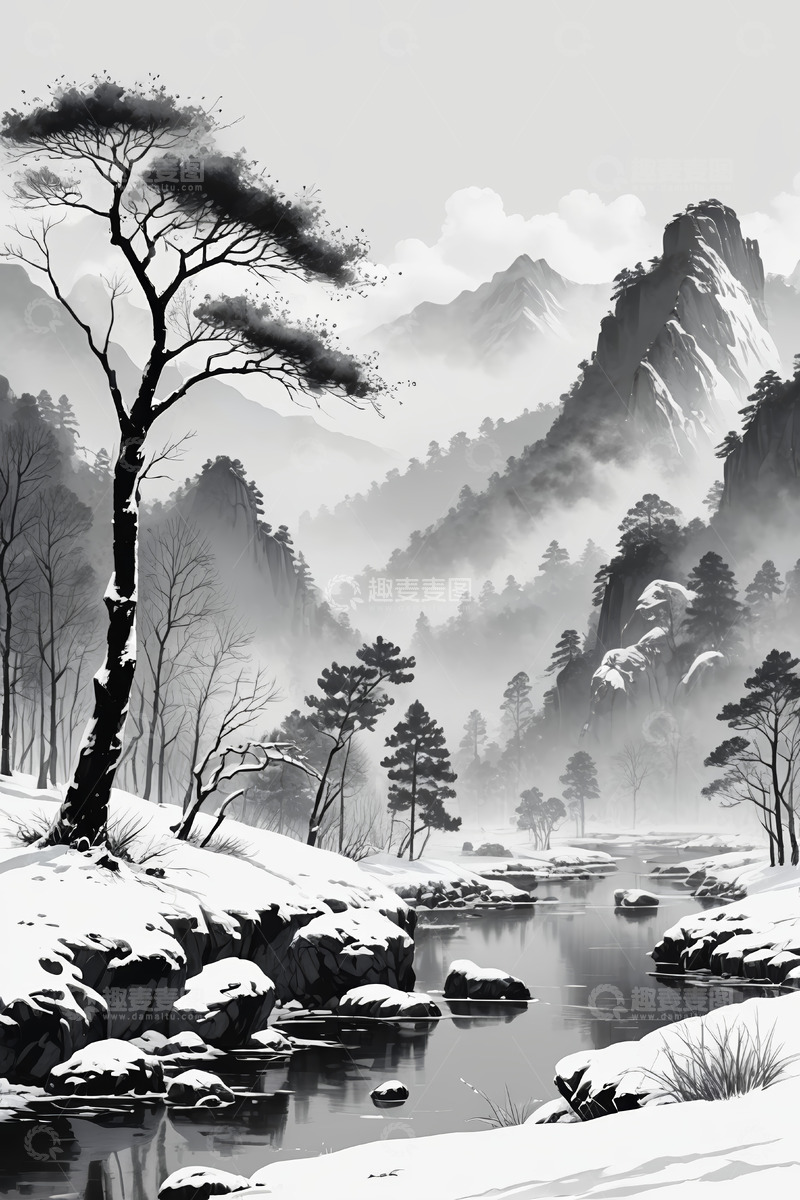 高清大图下载【趣麦麦图】雪后山水中国风自然风光