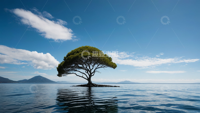 高清大图下载【趣麦麦图】湖心孤树与蓝天白云风景
