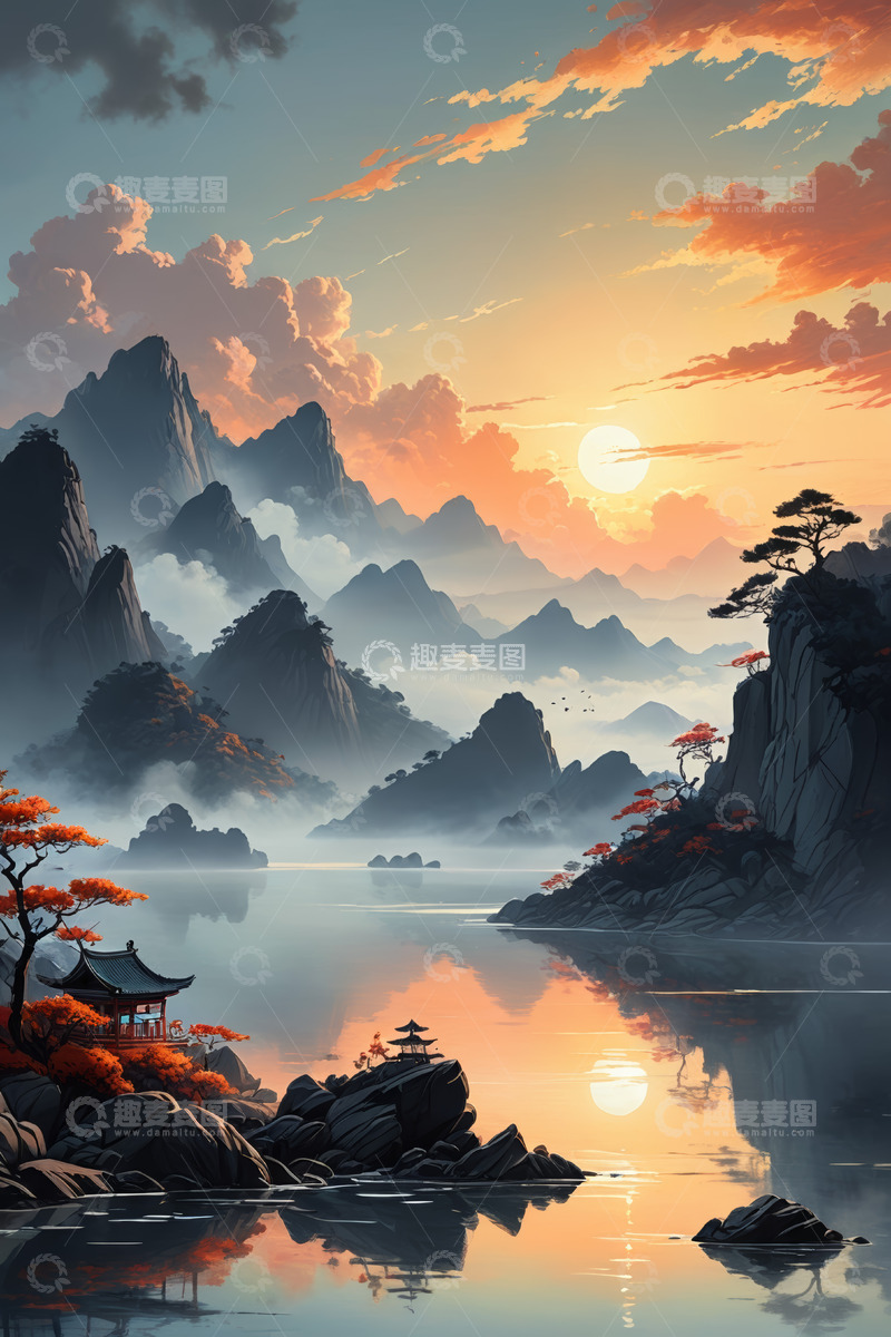 高清大图下载【趣麦麦图】山水间夕阳下的中式景观