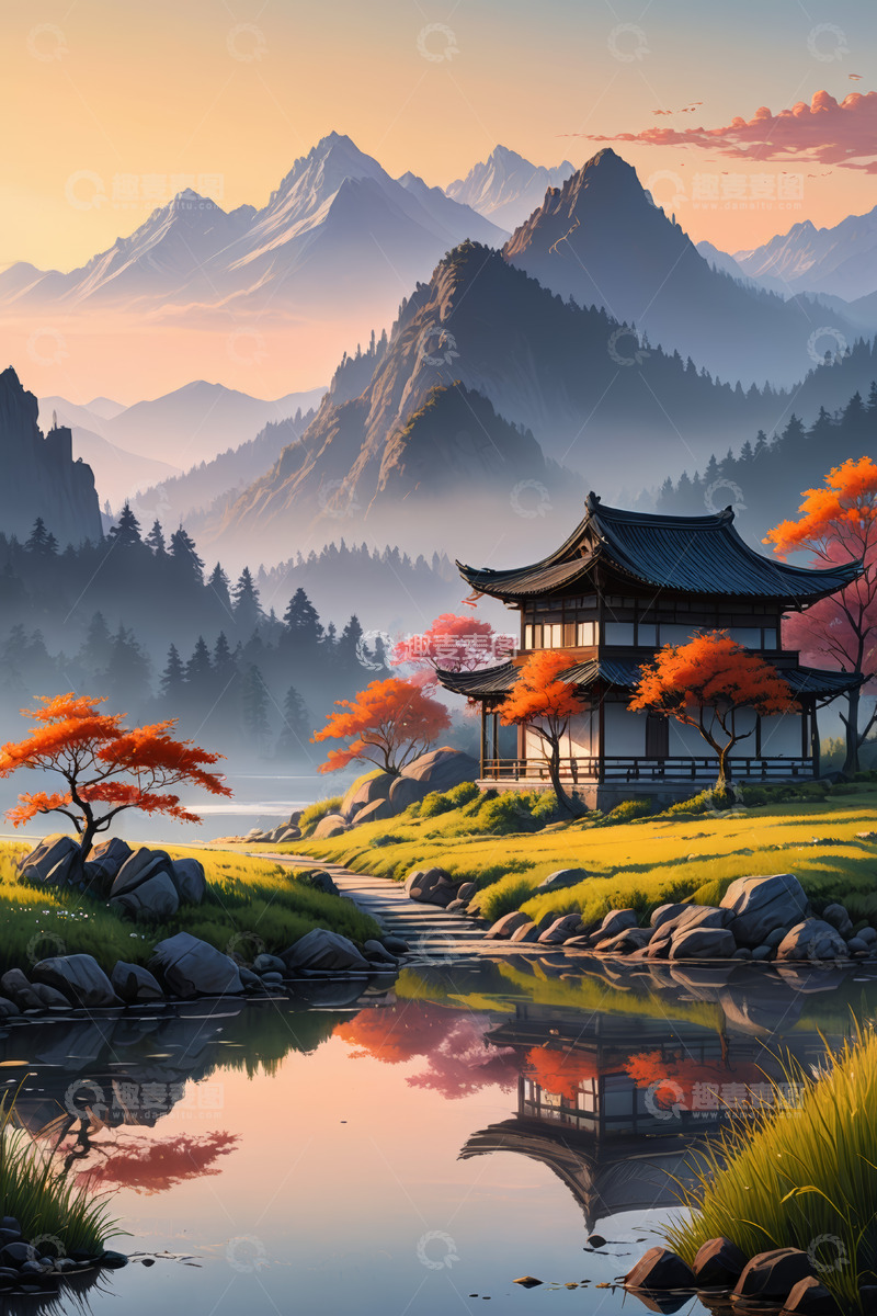 高清大图下载【趣麦麦图】中式山水间的古典建筑风景