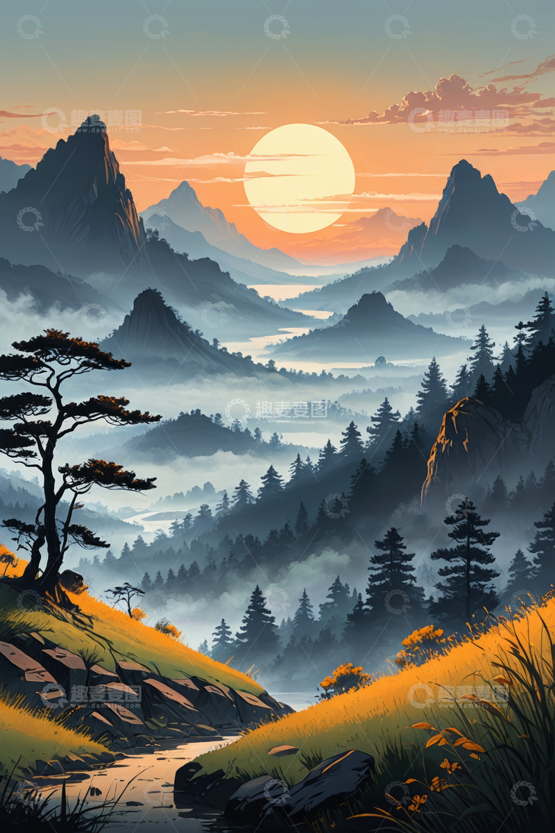 高清大图下载【趣麦麦图】山间日出自然风光
