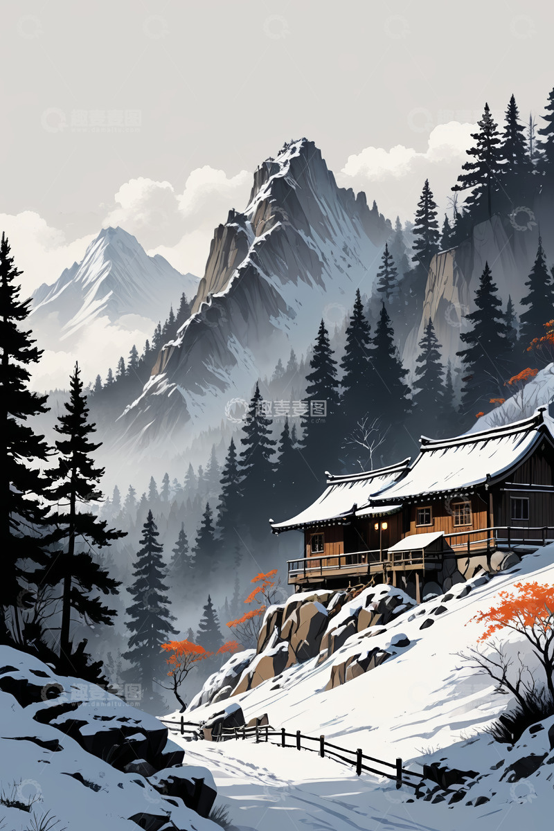 高清大图下载【趣麦麦图】雪中山居与森林风景
