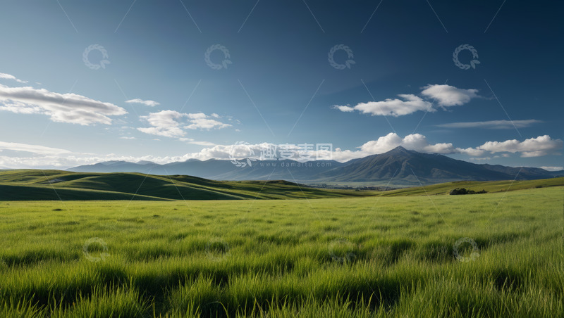 高清大图下载【趣麦麦图】广阔草原与远山蓝天白云景象