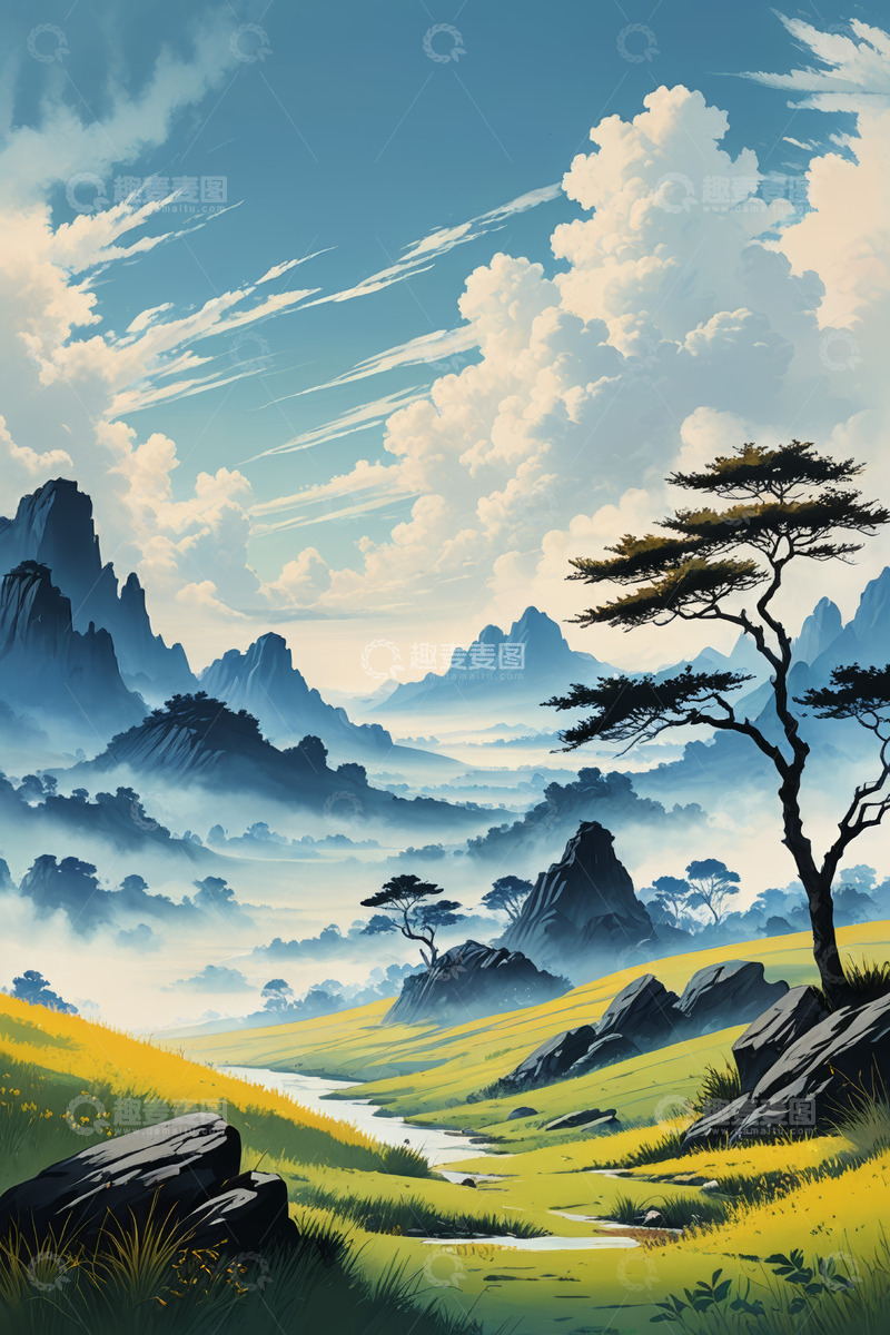高清大图下载【趣麦麦图】山水风光中的松树草地景观