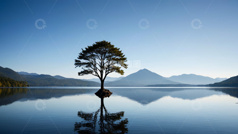 高清大图下载【趣麦麦图】湖心孤树与山水自然风光