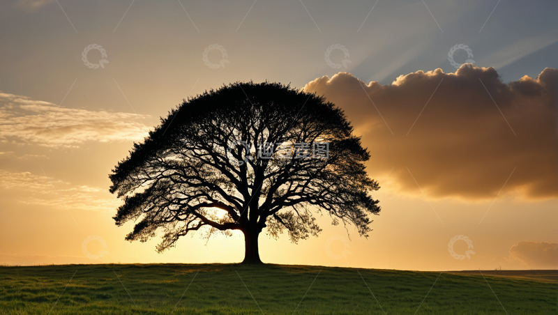 高清大图下载【趣麦麦图】黄昏时分草原上的孤树