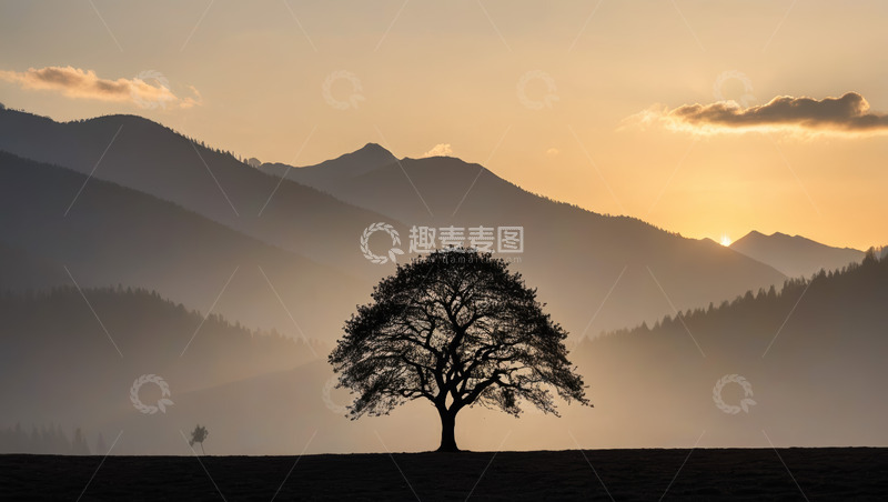 高清大图下载【趣麦麦图】山间独树与日落自然景观