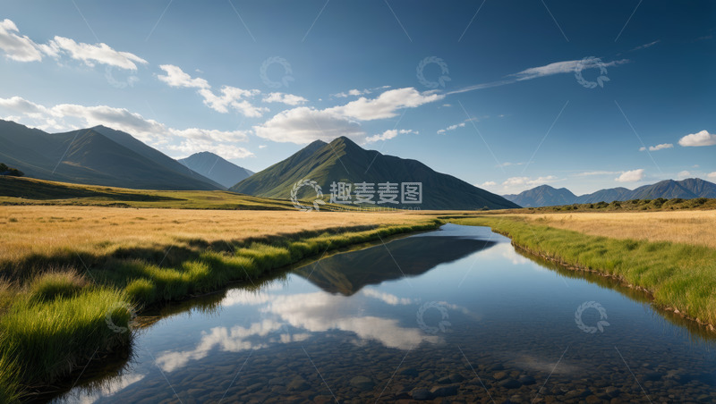 高清大图下载【趣麦麦图】草原河流与远山自然景观