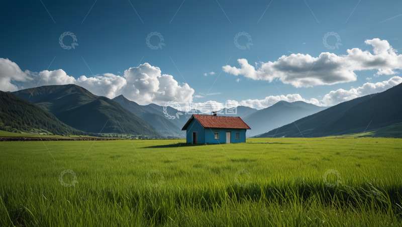 高清大图下载【趣麦麦图】原野中蓝色小屋与远山风景
