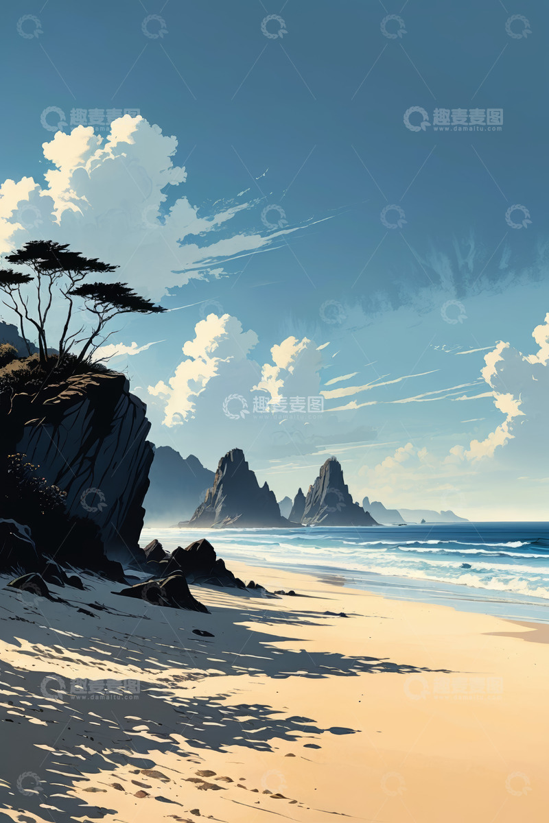 高清大图下载【趣麦麦图】海滩边的山海自然风光