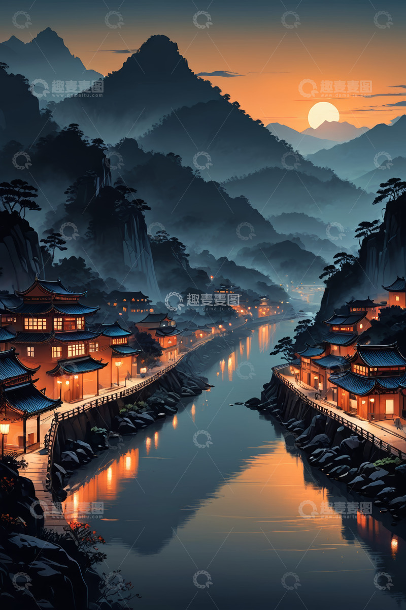 高清大图下载【趣麦麦图】古风山水间的中式村落夜景