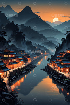 古风山水间的中式村落夜景