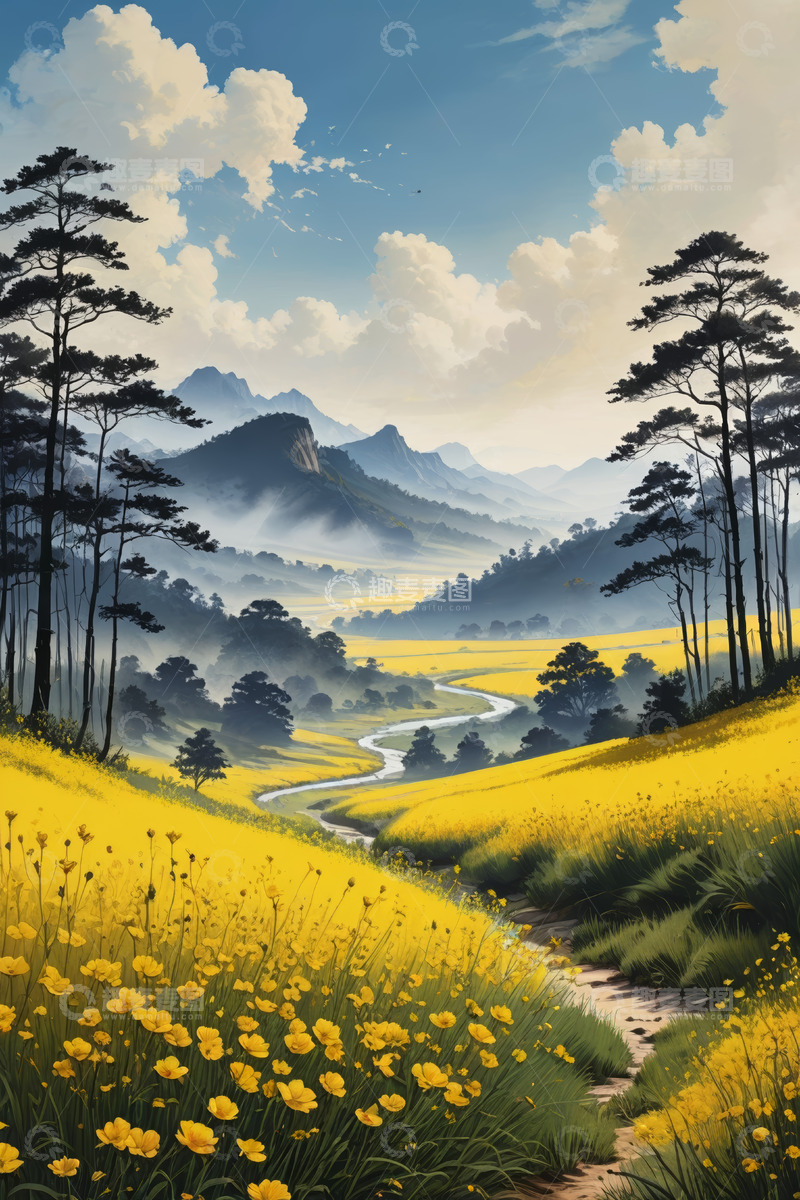 高清大图下载【趣麦麦图】山间黄花田野与蜿蜒小路风景